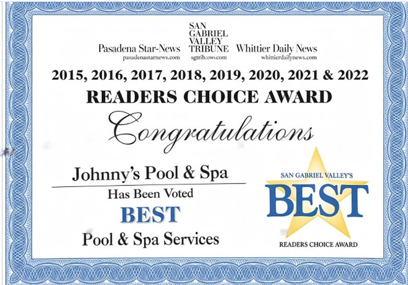 Readers Choice Award certificate naming Johnny's Best Pool & Spa Services, 2015 through 2022
