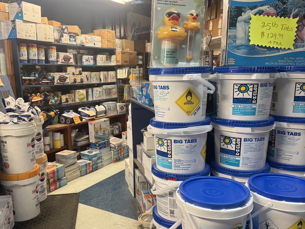 Chlorine tabs, chemicals, and pool toys stocked inside the Covina store